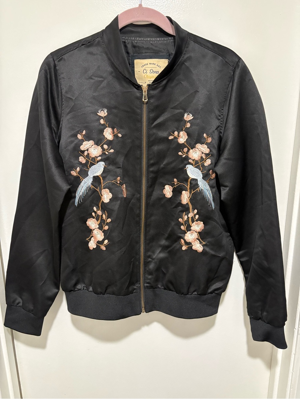 Ci Sono Black Satin Bomber Jacket with Pink Floral & Blue Bird Embroidery